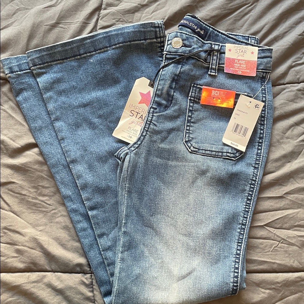 Girls Flare High Rise Soft Stretch Blue Jeans, Size 10